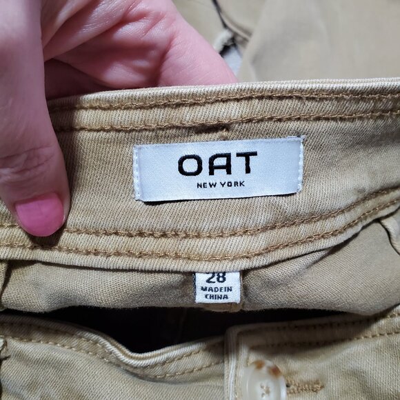 OAT NYC High-Rise Wide Leg 27" Jeans Raw Hem Stretch Neutral Gold Tan Women's 28 - Picture 8 of 16